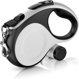 Retractable dog leash with poop bag dispenser