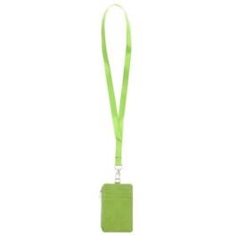 2 Sided PU Leather Card Badge Holder with Zip Neck Strap Wallet Case Green