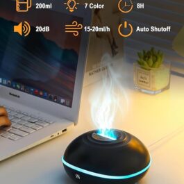 Flame Diffuser for Essential Oils, 200ml, Ultrasonic Aromatherapy Mist Humidifier with Mute Design, Waterless Auto Shut-Off, 7 Soothing LED Lights, Perfect for Office, Home