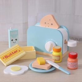 Kids Coffee Maker & Toaster Wooden Toys Kitchen Accessories with Bread Slices Butter Milk Sauce Egg Wooden Toy Kitchen Educational Game Gift for Children Girls 3 4 5 6 7 Years Old