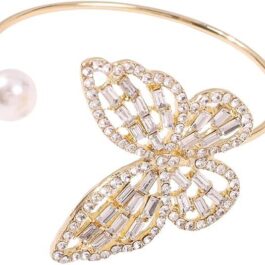 Urieo Gold Crystal Butterfly Bangle Bracelet Butterflies Open Bracelet Pearl Hollow Bracelets Jewelry for Women