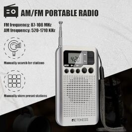 Portable Mini Pocket Radios AM FM Digital Tuning, AAA Battery Powered, Support Clock, Alarm, Sleep Timer, FM Stereo for Walking (Silver)