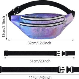 Holographic Fanny Pack Shiny Waist Bag with Pouches and Adjustable Belt Waterproof Neon PU Waist Pack Waist Bag for Traveling Running Partying