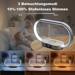 Wanjiaone Night Light with Charging Function, Bedside Lamp with Clock and USB Charging, 10W Wireless Charger, 3 Color Modes, Table Lamp Touch Dimmable, for Bedroom and Office