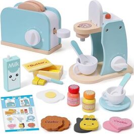 Kids Coffee Maker & Toaster Wooden Toys Kitchen Accessories with Bread Slices Butter Milk Sauce Egg Wooden Toy Kitchen Educational Game Gift for Children Girls 3 4 5 6 7 Years Old