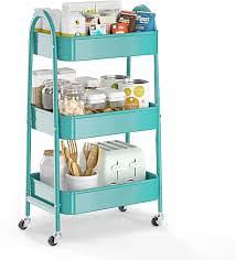 EAGMAK 4 Tier Utility Rolling Cart, Metal Storage Cart with Handle and Lockable Wheels, Multifunctional Storage Organizer Trolley with Mesh Baskets for Kitchen, Living Room, Office, Garage