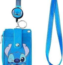 ID Card Holder with Lanyard, PU Leather Card Case, 5 Card Slots and 1 Zip Pocket, Retractable ID Holder, Card Case with Retractable Buckle, Cute Cartoon Style – Stitch, Blue