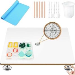 Whoaoh Resin Leveling Table for Epoxy Resin & Art, 16″ x 14″ Adjustable Surface Leveling Board with Silicone Mat, Measuring Cup, Droppers and Wood Sticks