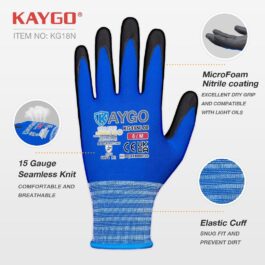 KAYGO KG18N Men’s Work Gloves 3 Pairs Non-Slip Wear-resistant Lightweight Oil-resistant Microfoam Nitrile Coated Protective Gloves for Work Car Workshop DIY Assembly