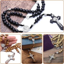 Natural Wood Rosary Chain with Medal, Cross Jesus Christ Saint Benedict, for Catholic Christians, Religious Communion, Mass, Bible