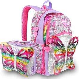 Butterfly Wings Sequins Backpack with Lunch Bag for Girls Kids Teenage,Lightweight School Bag Set for Elementary Preschool Bookbag, Casual Rucksack for Travel Gift