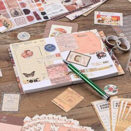 Vintage Aesthetic Scrapbook Kit with Stickers, Art Bullet Junk Journal Kit with Journaling or Scrapbooking Supplies Journal Planners Paper Stickers Craft Notebook Collage