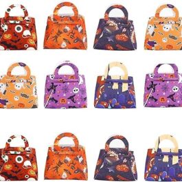 Halloween Theme Non-woven Fabric Gift Bags with Handle, Candy Bags, Trapezoid with Pumpkin & Bat Pattern, Sandy Brown,