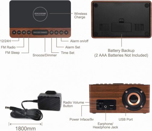 ANJANK Bedside Wooden FM Radio Alarm Clock - Image 9