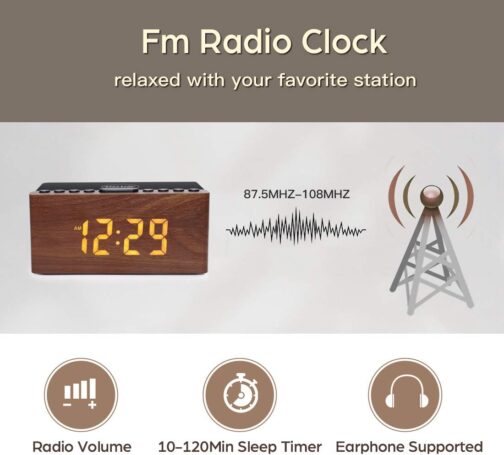 ANJANK Bedside Wooden FM Radio Alarm Clock - Image 3